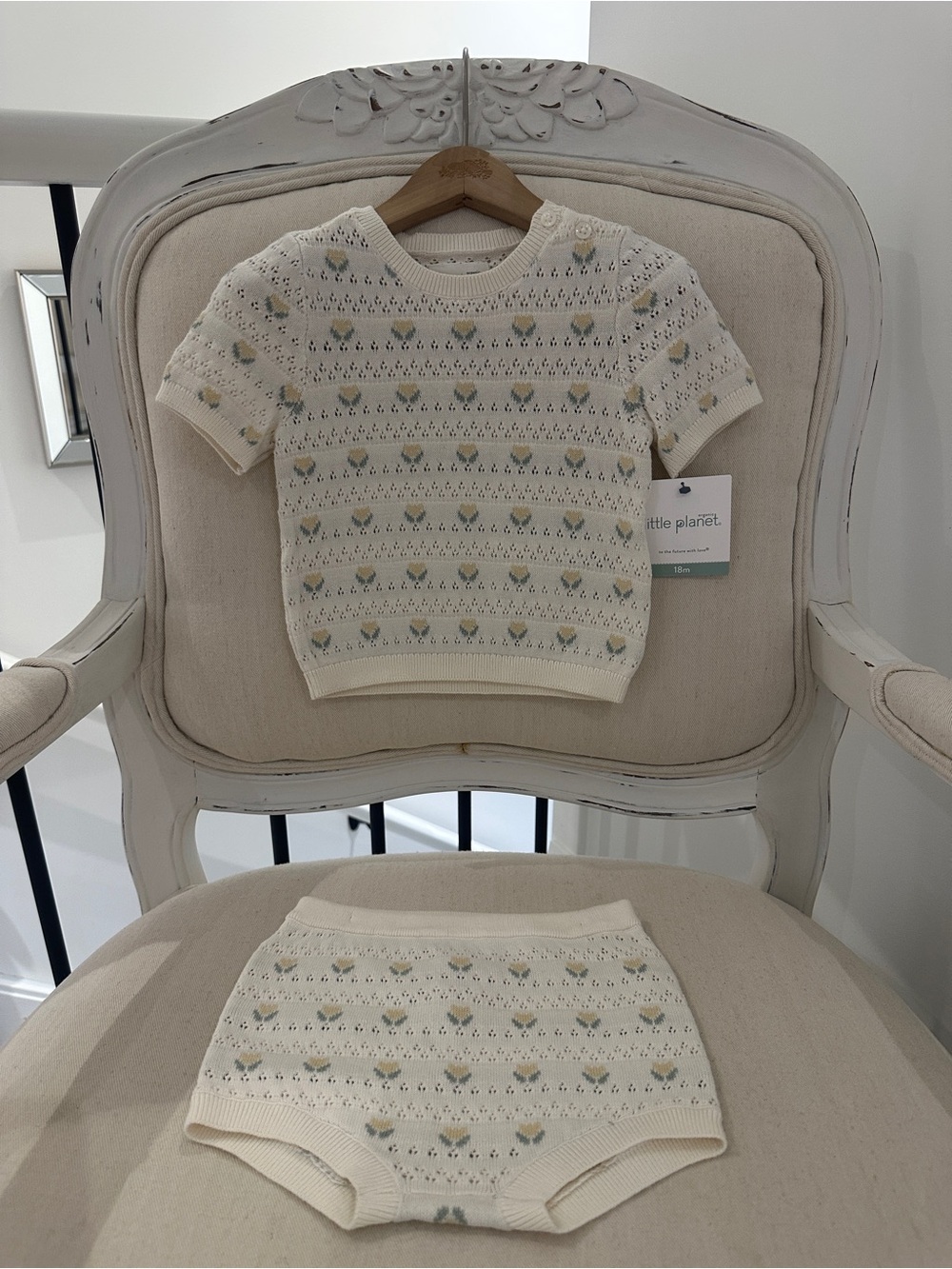 🦢 18 Mth Organic Cotton Knit Tulip Short Sleeve Baby Sweater Set NWT
